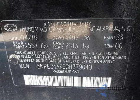 2016 Hyundai Sonata Se from USA, damaged, VIN 5NPE24AF9GH379040
